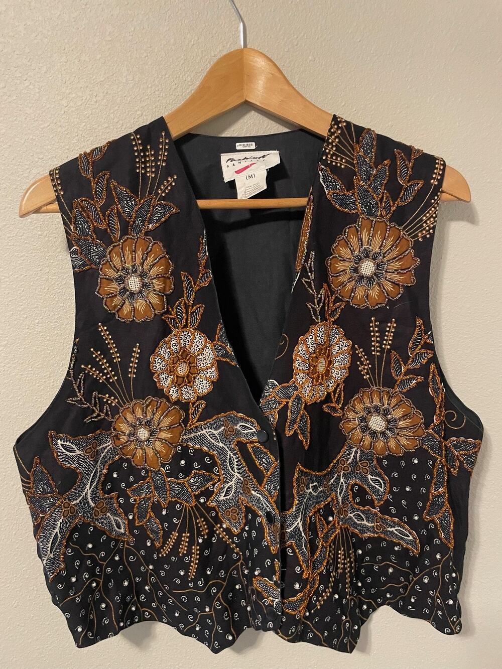 Vintage Fashion Fantasy Vest Womens Medium Floral Beaded Embroidered Artsy Boho